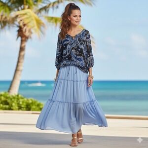 Roz Ali Blue Paisley Blouse Women Size M Beaded Neckline 3/4 Sleeve